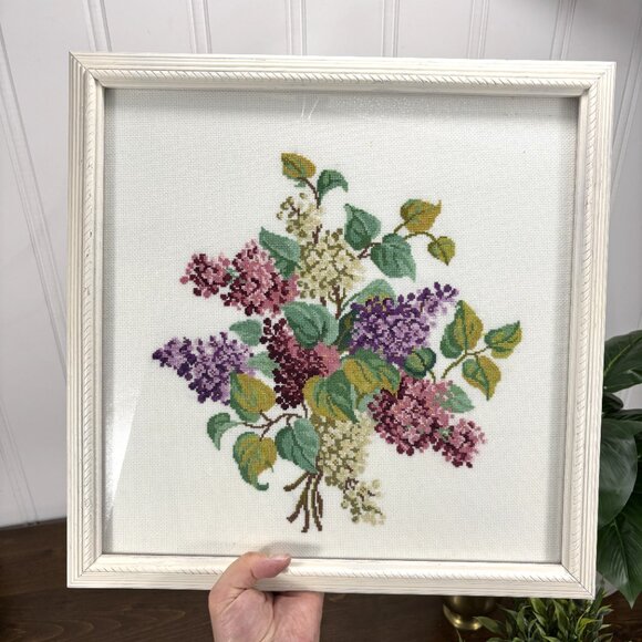 Vintage Completed & Framed Floral Cross Stitch Lilac Needlework Textile Wall Art - Picture 5 of 7